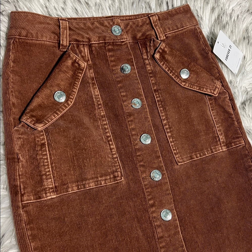NWT Forever 21 Corduroy Button Down MIDI Pencil Skirt Praline Brown XS - Picture 7 of 12